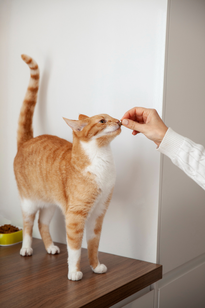 a hand feeding a cat