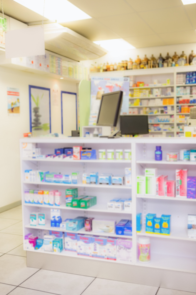 a blurry photo of a pharmacy